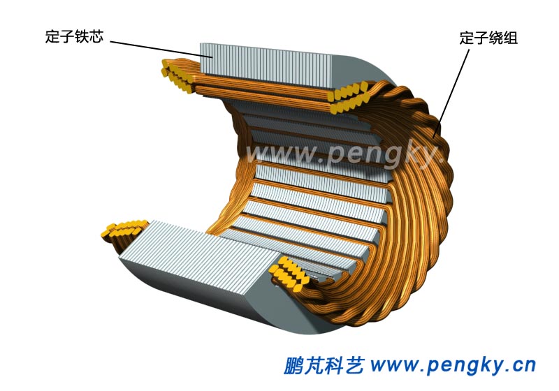 剖开的定子铁芯与绕组