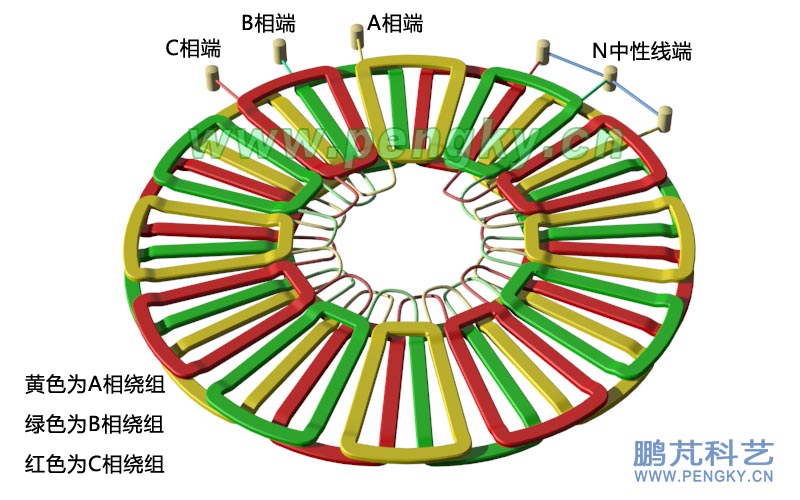无铁芯定子的交叉单层绕组透视图