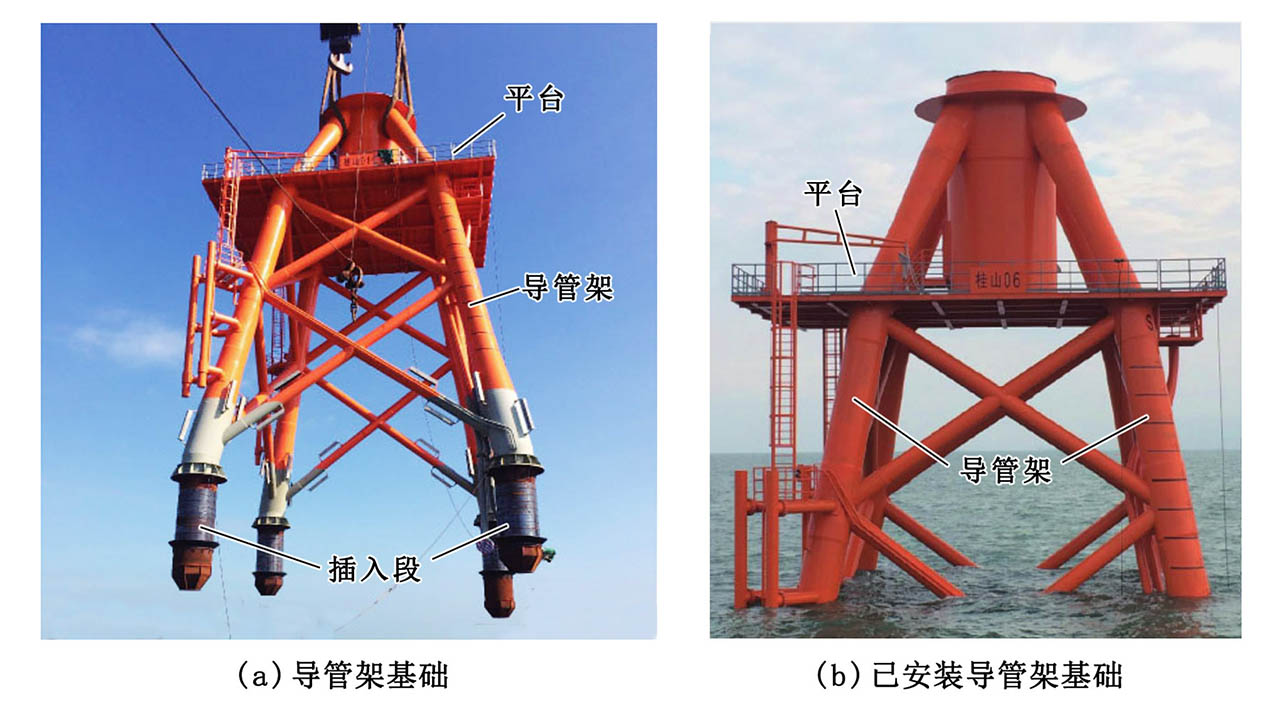 海上风力发电机组导管架群桩基础照片