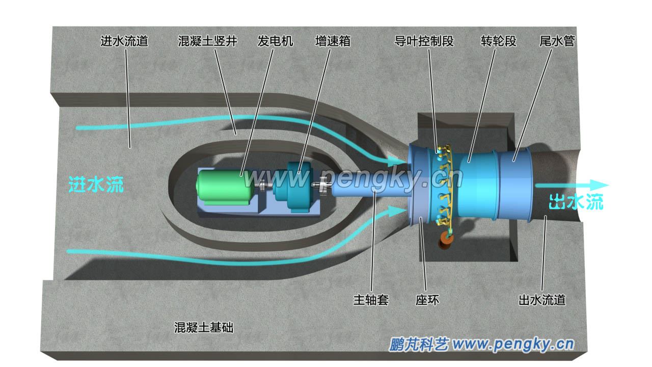 竖井贯流式水轮机组水平剖视图 