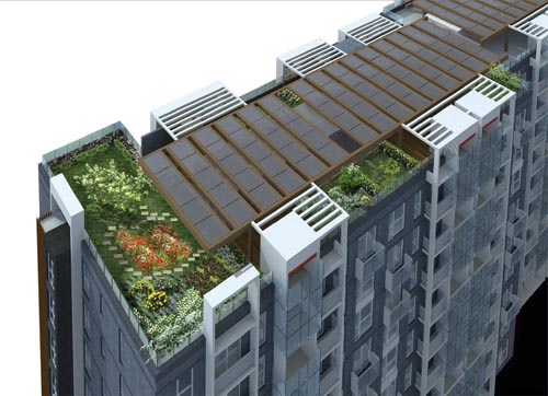 高层住宅屋顶的太阳能集热器组